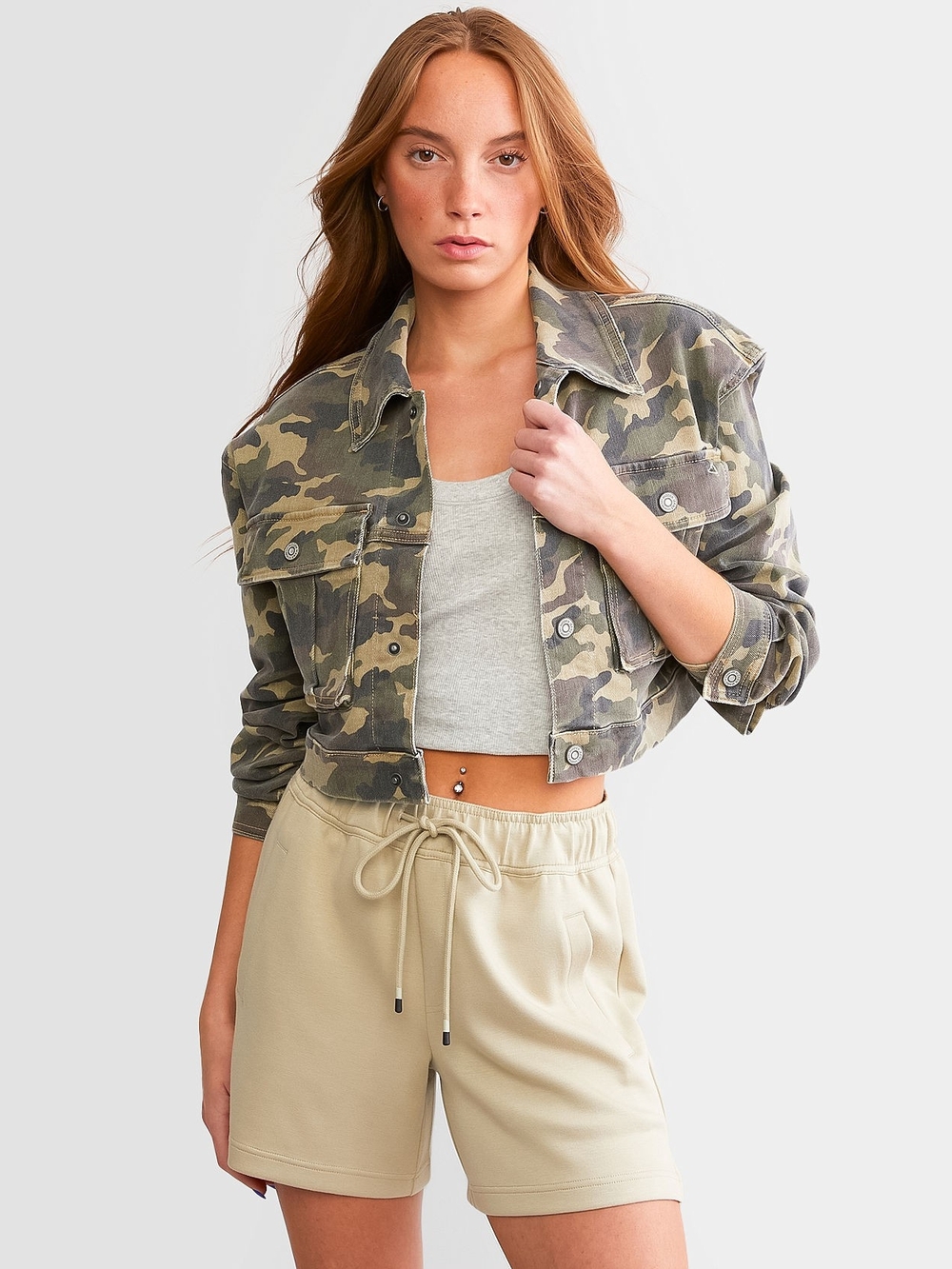 Cropped Camouflage Denim Jacket - Olive Camo